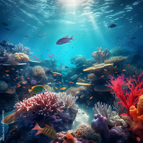 Underwater scene with diverse marine life and vibrant coral reefs. © Cao