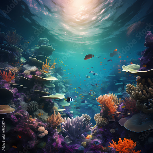 Underwater scene with diverse marine life and vibrant coral reefs. © Cao
