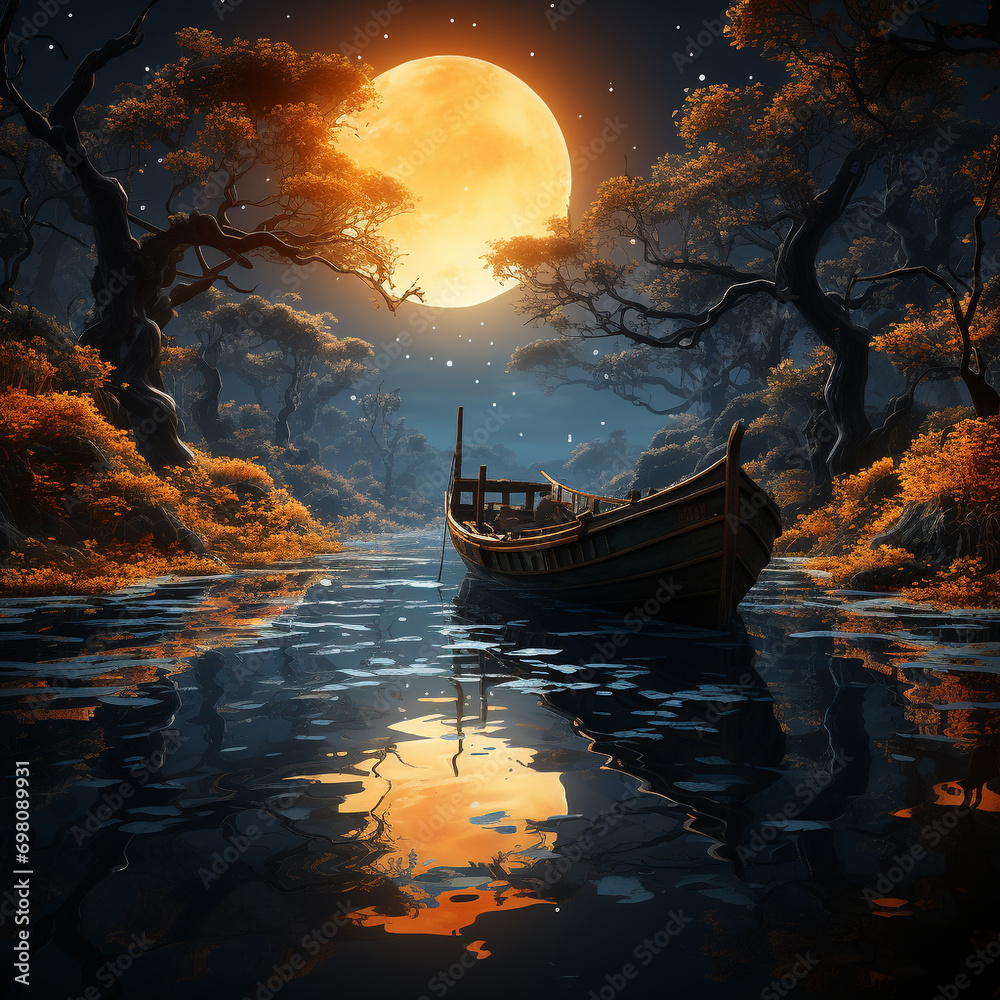 boat in the water under the moon in the night