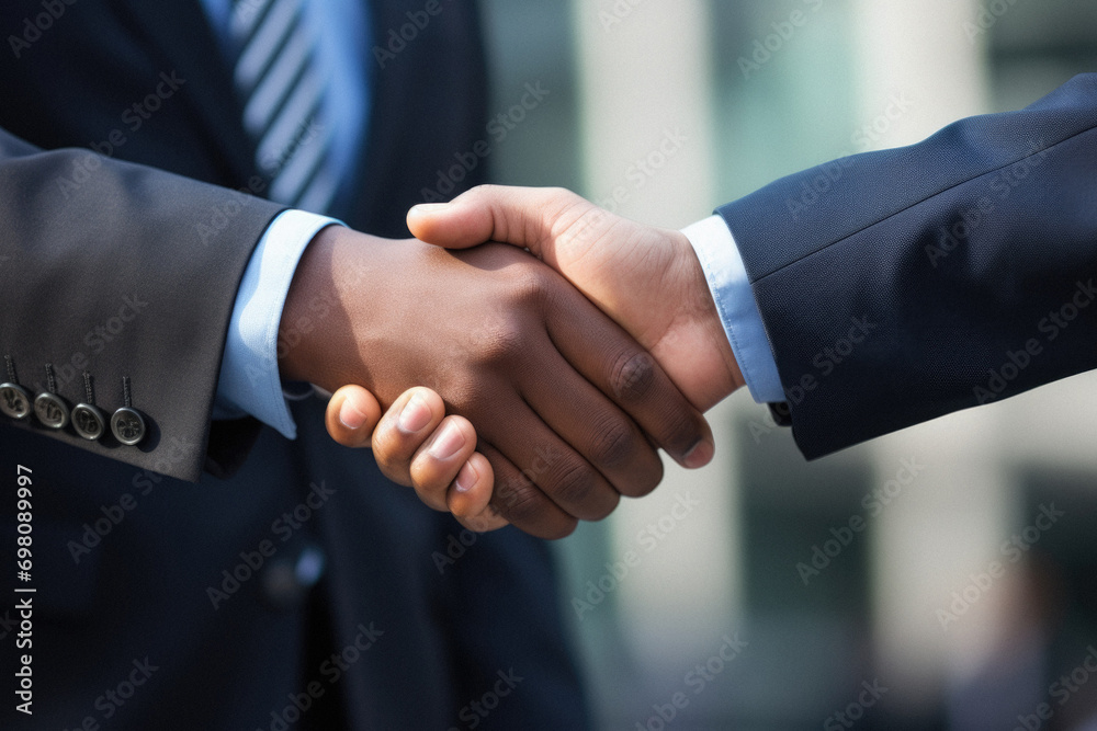 Close-up of business people shaking hands outdoors. Two businessmen greeting each other