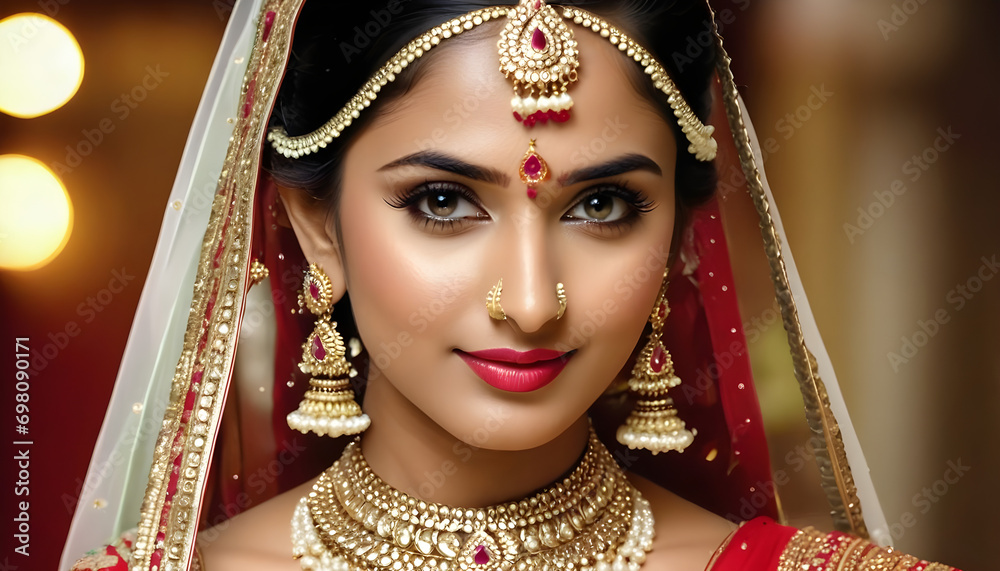 portrait of an Indian bride woman wearing jewelry 