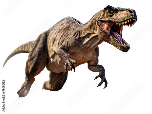 Tyrannosaurus rex is running with ferocity on PNG transparent background.