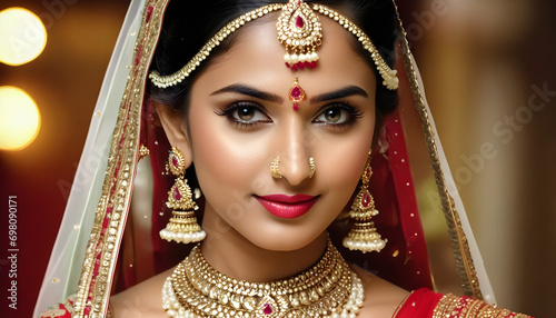 portrait of an Indian bride woman wearing jewelry 