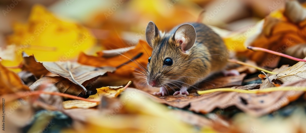 Mouse species found in natural environment with autumn leaves. Mouse species found in natural environment with autumn leaves.