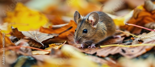 Mouse species found in natural environment with autumn leaves.