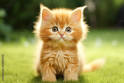 Cute kitten on green lawn with flowers