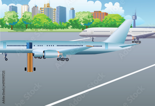 View of an airport with airplanes in the foreground and a city in the distance. Vector illustration.