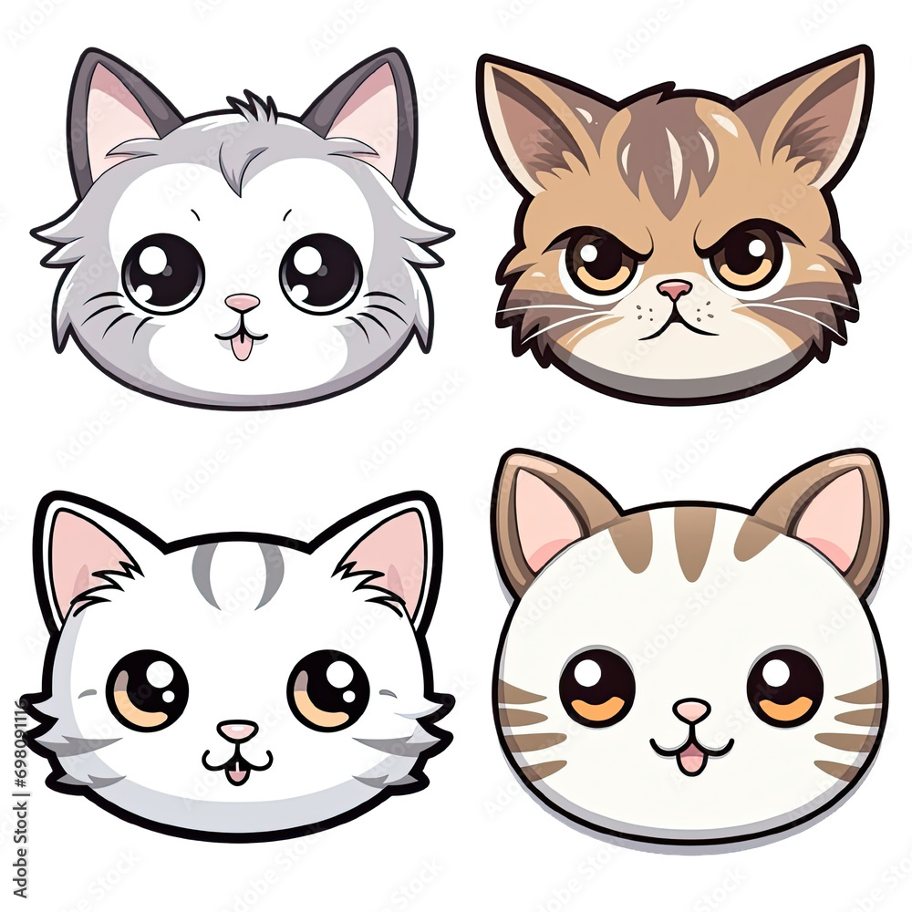 Collection of PNG. Cute cat face only cartoon, sticker simple isolated on a transparent background.