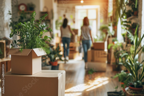 Young couple moving in a new house. Living room apartment interior with cardboard boxes and potted plants. Rental market concept photo