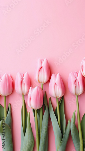Pink tulips on a pink background. Flat lay, top view .