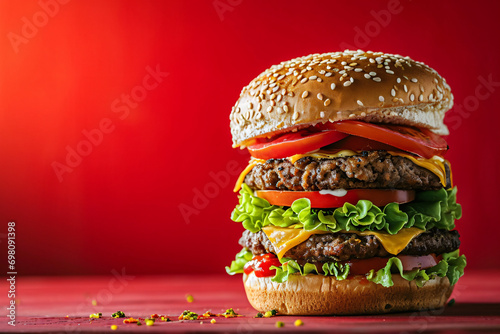 Tall hamburger on red counter table, with a red background,beef pork product presentation. © Sara_P