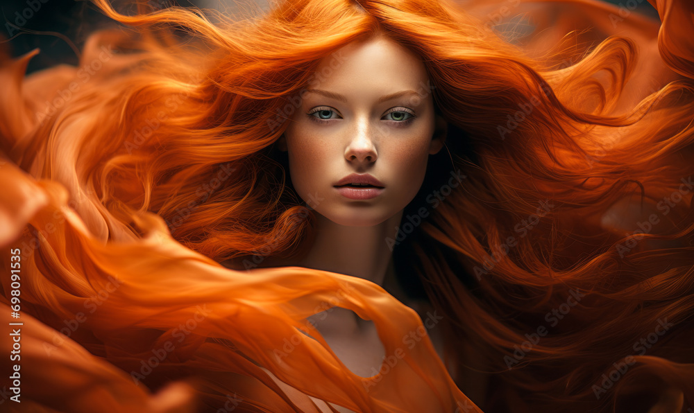 Ethereal Woman with Flowing Fiery Red Hair Enveloping Her in a Whirl of Color and Movement