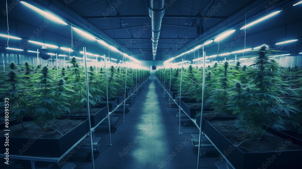 Growing cannabis in a greenhouse. Rows of flowering plants - obrazy, fototapety, plakaty 