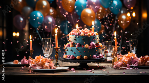 Festive celebration table with birthday cake, confetti, balloons, and gifts in a magical party atmosphere