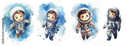 Collection of PNG. Little astronaut floating in deep space wearing a full cosmonaut suit, watercolor illustration. Character for children's illustration book isolated on a transparent background. photo