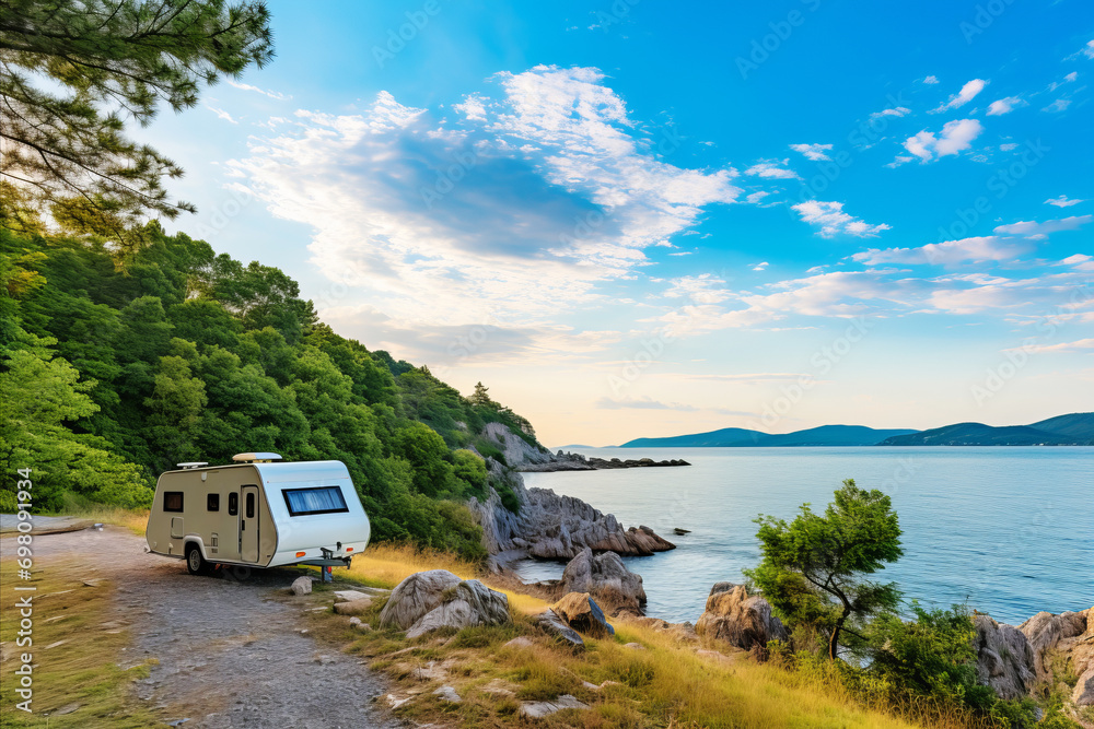 modern camper trailer in nature in summer on the seashore. Vacation in venlife style
