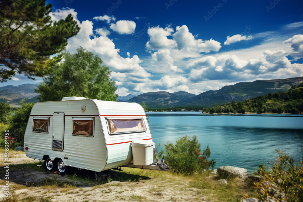 Residential camper trailer on the seashore. Vanlife