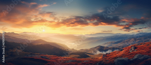 Fantastic sunset in the mountains. Panoramic view .