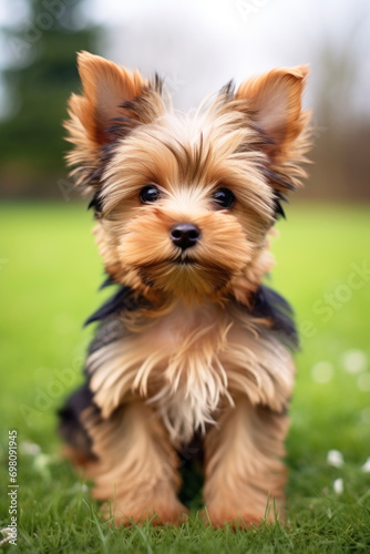 Cute puppy on the green lawn