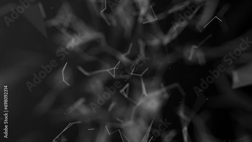 Chemical, technological entanglements of white nanoparticles. The chaotic movement of points creates a network connection. Black and white plexus effect. Background teaser in two parts. looping, 4k. photo