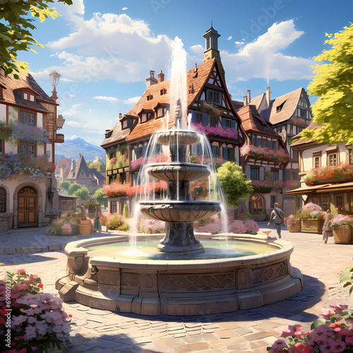 Village square adorned with vibrant flowers surrounding a central fountain photo