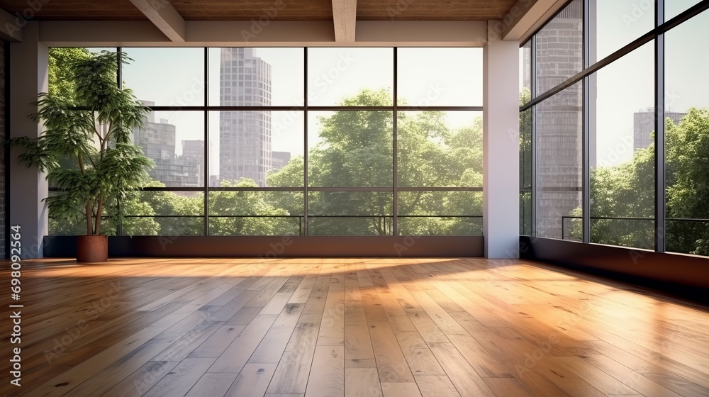 Fototapeta premium Modern loft room with wooden floor and large windows