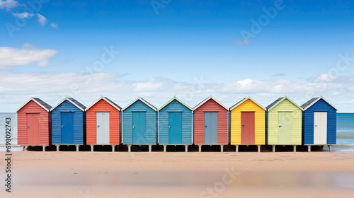 Iconic wooden beach huts on Brighton beach, Melbourne in summer beautiful day with blue sky.