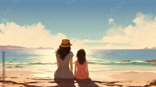 Happy mother and daughter relax on the beach.