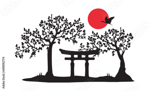 silhouette of japanese garden and torii gate vector