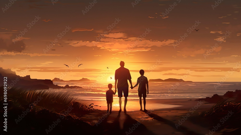 Father and son walking on beach. 