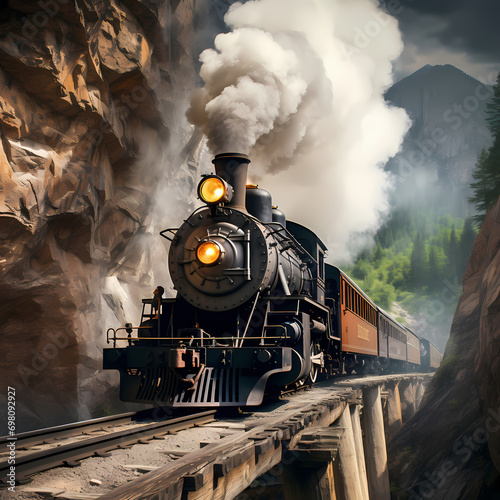 Vintage steam train chugging through a tunnel in a rocky mountain pass.