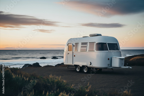 modern white camper trailer in nature in summer on the seashore. Vacation in venlife style photo