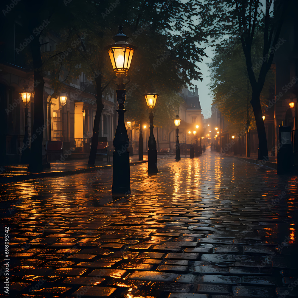 Vintage street lamps casting a warm glow on an ancient stone pathway.