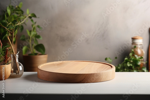 Kitchen table podium on blurred gray wall background. Wooden round desk in the modern kitchen interior. Empty product display.
