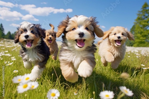 puppies of different breeds run along a green meadow with daisies on a sunny day with a blue sky