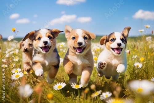 puppies of different breeds run along a green meadow with daisies on a sunny day with a blue sky