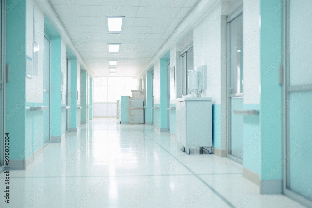 Interior of a hospital corridor. Blurred background, shallow DOF