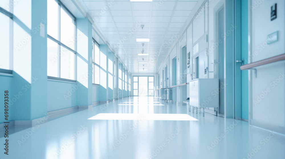 Empty hospital corridor with blue walls and white floor .