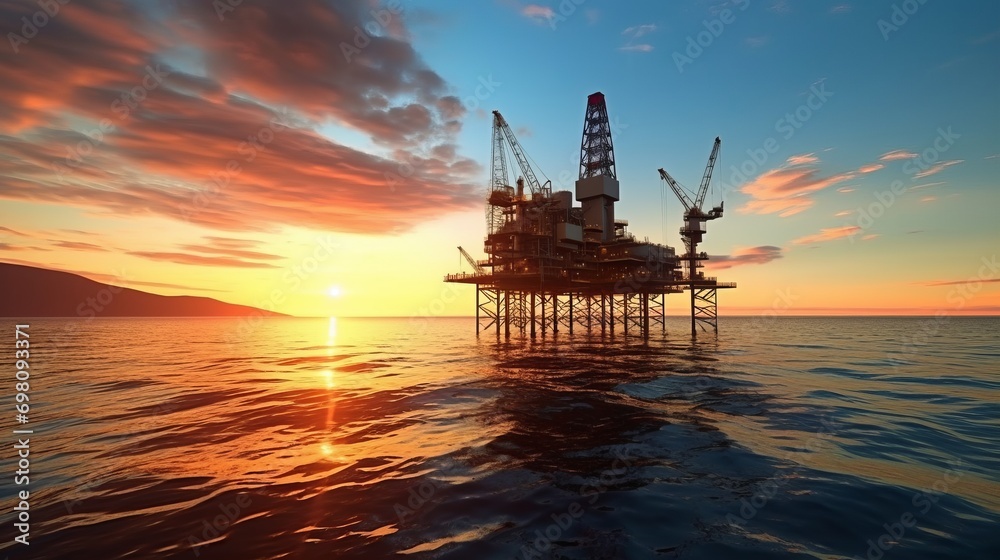 Sun sets over the sea. Offshore oil platform that conducts drilling operations