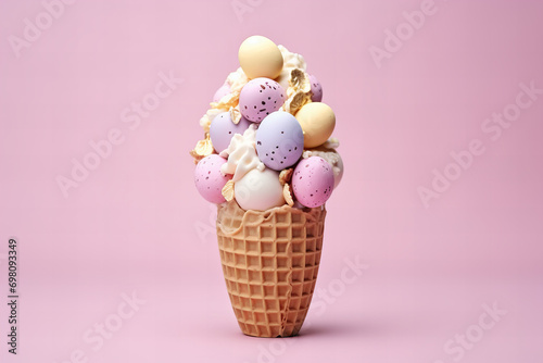Easter themed ice cream in a cone on a pastel background with Easter eggs, pastel pink and gold colors