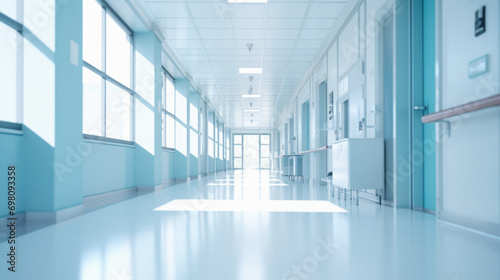 Empty hospital corridor with blue walls and white floor .