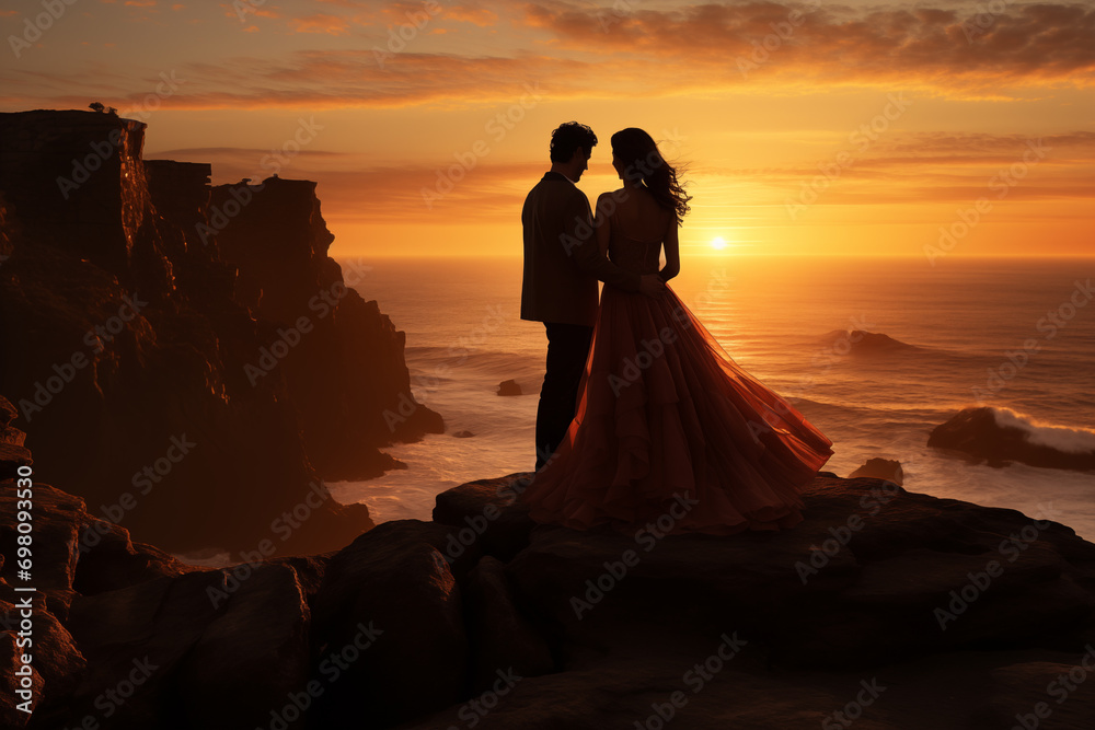 Silhouette of Couple Against Peach Sunset, Romantic Cliffside, Love and Connection