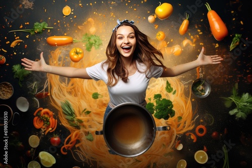 Beautiful positive girl prepares a delicious, healthy dish