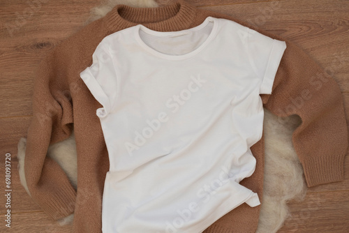 White cotton T-shirt and sweater mockup. Woman shirt mock ups. Blank clothes template mock up. Flat lay styled stock photo.