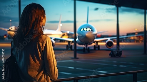 The image of a girl at the airport awaiting departure with aircraft against the background