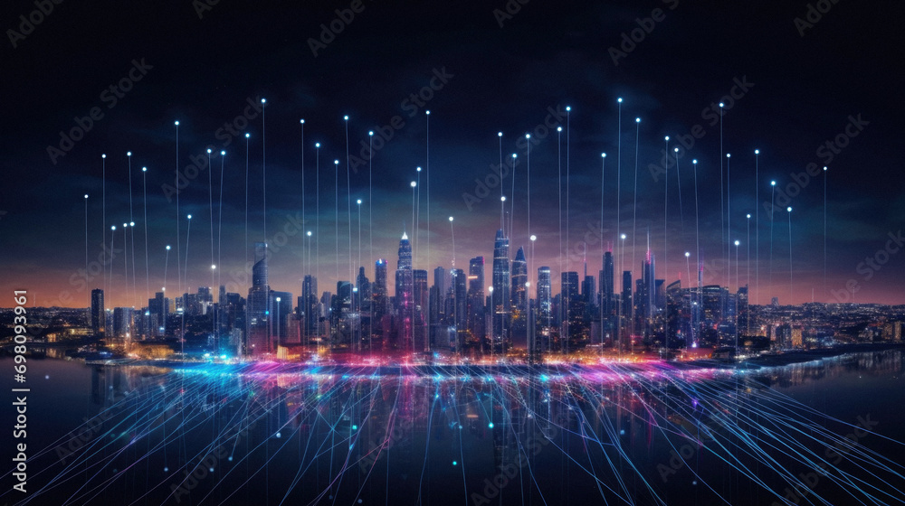 Modern city at night with digital connection lines. Technology and innovation concept