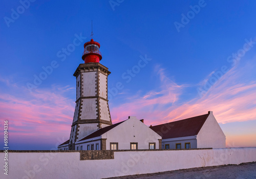 Beautiful view of Portuguese lighthouse at sunset, cape Espichel