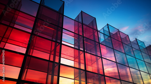 Colorful Sunset Reflections on Modern Glass Building, Ideal for Postcards and Corporate Brochures