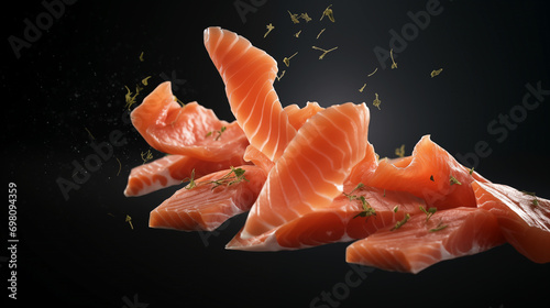 Levitating juicy salmon pieces and spices on a black background. photo