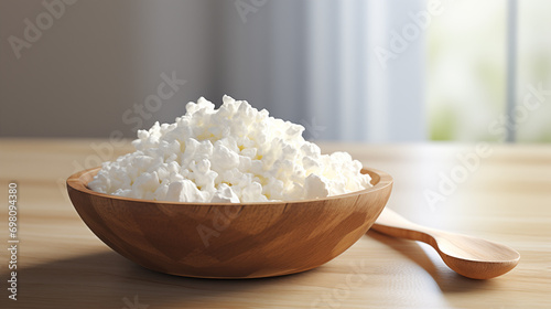 A wooden bowl of fresh country cottage cheese stands on a wooden table against a light-colored interior. A wooden spoon is lying next to it.